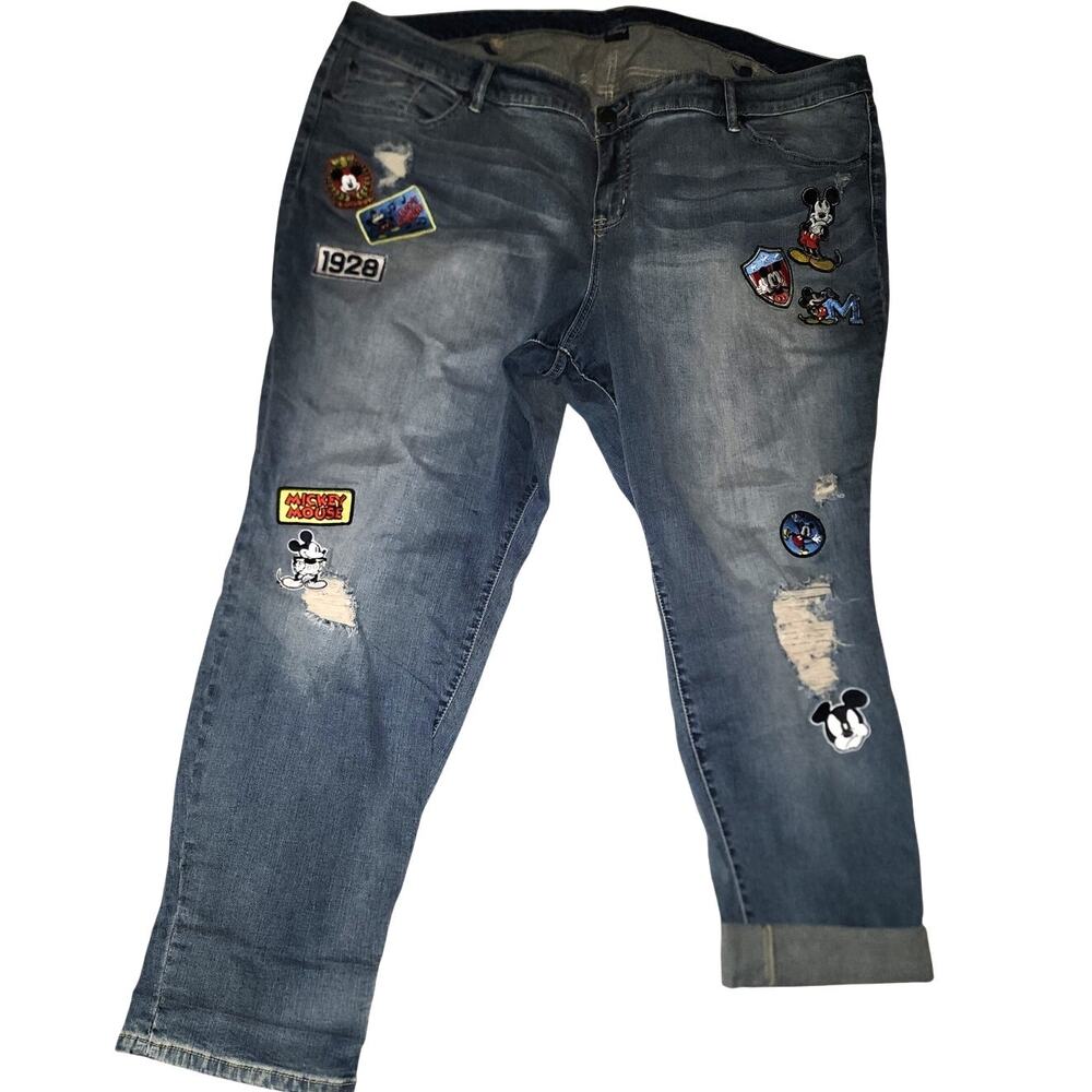 Disney Cropped Capri Mickey Mouse distressed Denim Jeans Plus Size 26R